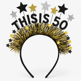 Black & Gold "This is 50" Birthday Headband with Fringe and Stars